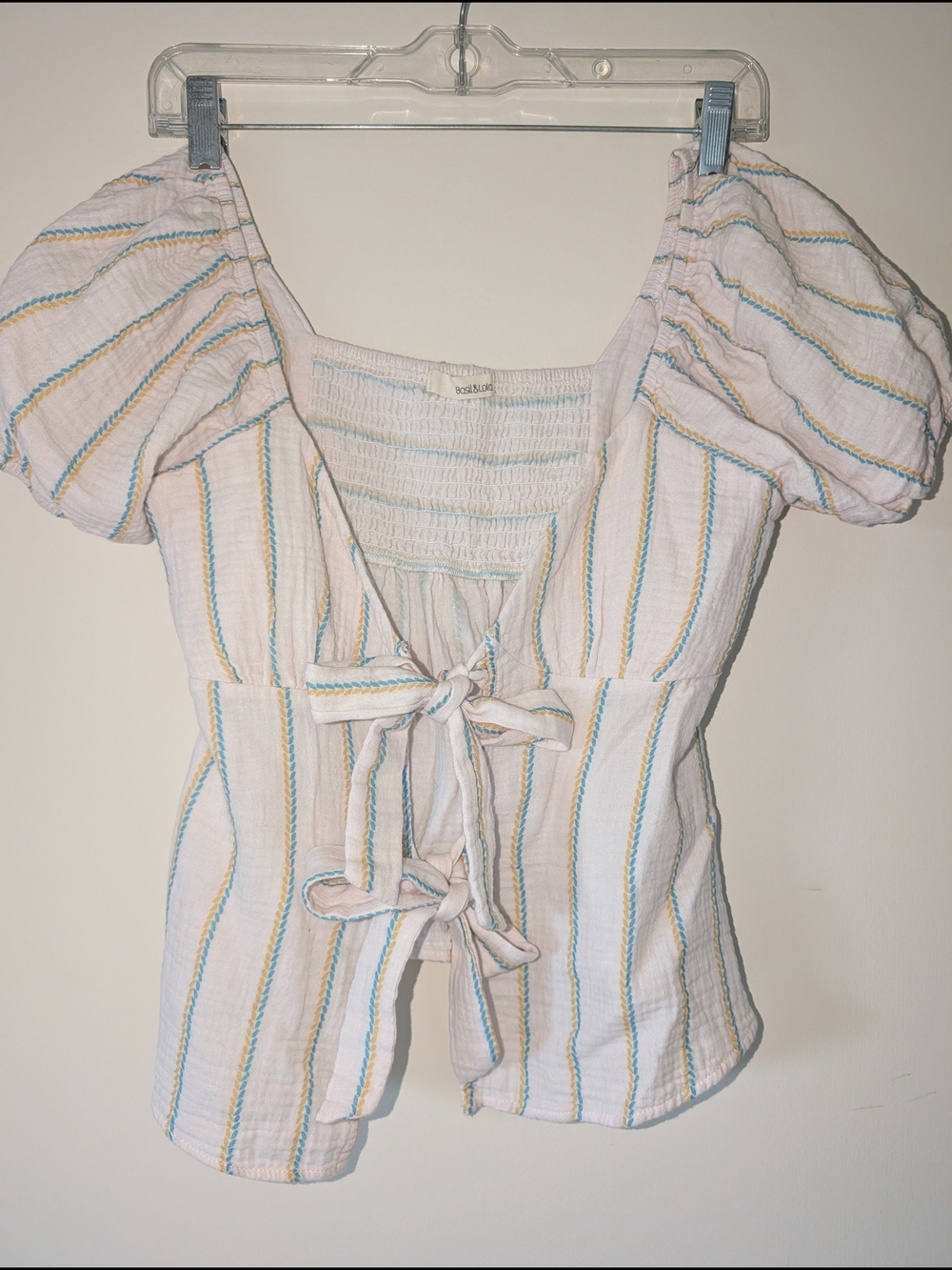 everleigh Cream Striped Tie-Front Puff Sleeve Blouse